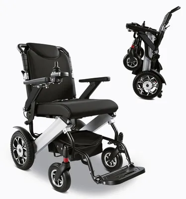 Produktbild von Elektrischer Rollstuhl - Faltbares Modell - Reichweite 48 km - 500-W-Motor - Abnehmbarer 13-Ah-Lithiumakku - Max. Belastung 150 kg - Silber