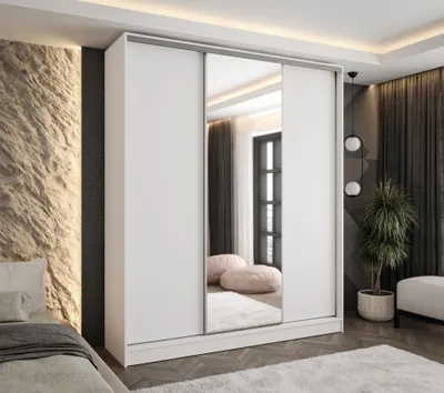 Produktbild von Moderner 3-türiger Schwebetürenschrank Weiß 180x58x250 cm – mit Spiegel – Kleiderschrank für Flur, Schlafzimmer oder Ankleidezimmer