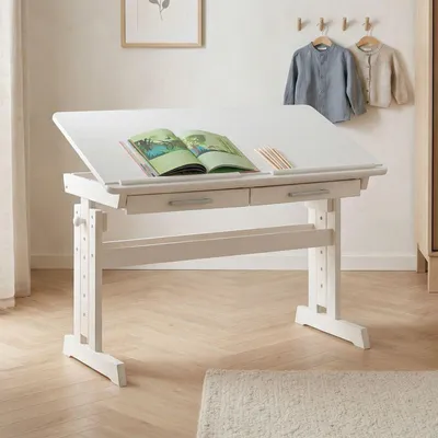 Produktbild von Kinderschreibtisch OLIVIA aus Kiefer in weiß, schöner Schülerschreibtisch neigungs- und höhenverstellbar, praktischer Jugendschreibtisch mit Schubladen