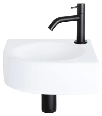 Productafbeelding van Differnz Cleo Fonteinset – Fonteinset Toilet 30x30x10 cm – Wasbak Keramiek Wit – Wastafel met Mat Zwarte Fonteinkraan – Gebogen Kraan met Standaard Greep voor Badkamer