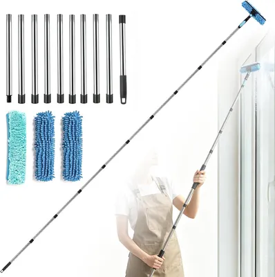 Immagine prodotto di Spazzolone telescopico per vetri, 4 metri, 2 in 1, con panno in microfibra e guarnizione in gomma, asta a 10 sezioni, ideale per la pulizia di finestre
