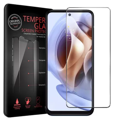 A product packaging for a screen protector set for a Motorola phone, with the phone displayed next to it.