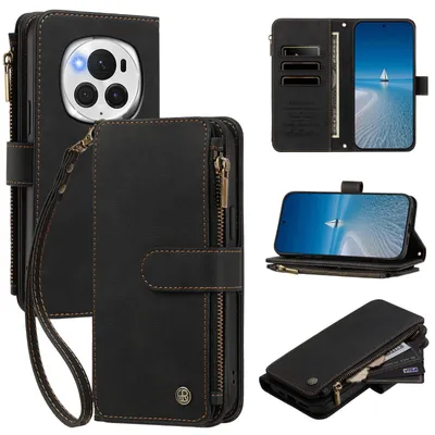 Produktbild von Handyhülle für Honor Magic6 Pro, Leder Klapphülle mit Kartenfächern, Reißverschlussfach und Handschlaufe Schwarz