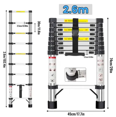 Produktbild von Teleskopleiter - Ausziehleiter - 2,6 m - Edelstahl - Zusammenklappbar - Verriegelbar - Tragbar - Tragfähigkeit 150 kg