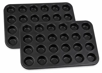 Obrázek produktu pro 2 kusy mini forem na muffiny, každá na 24 muffinů, s nepřilnavým povrchem z uhlíkové oceli, ideální pro pečení mini cupcakes