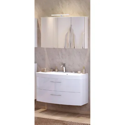 Produktbild von Waschtisch & Spiegelschrank Set FLORIDO-03 Hochglanz weiß, 100cm Waschtisch mit 2 Auszügen, Spiegelschrank mit LED, B x H x T: ca. 100 x 200 x 47 cm