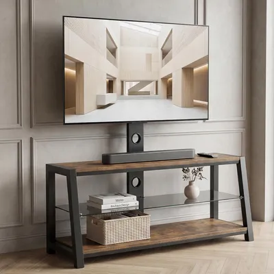 Image de Meuble TV marron 116x42x125 cm avec verre trempé noir, support TV réglable en hauteur et pivotant, meuble multimédia