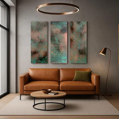 Obrázok produktu pre CopperAndCraft medená fototapeta 120x120 cm, ručne vyrobený kovový triptych, abstraktná dekorácia na stenu, rustikálny dizajn, 3 panely, výroba EÚ