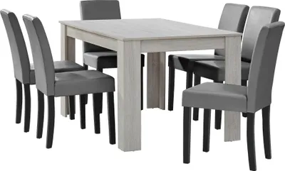 A dining table with six chairs.