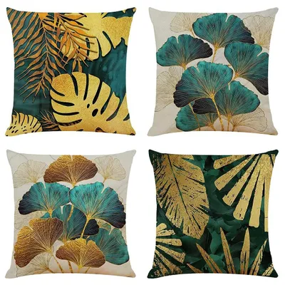 Image de Lot de 4 housses de coussin décoratives en lin, motif Ginkgo, 45x45 cm