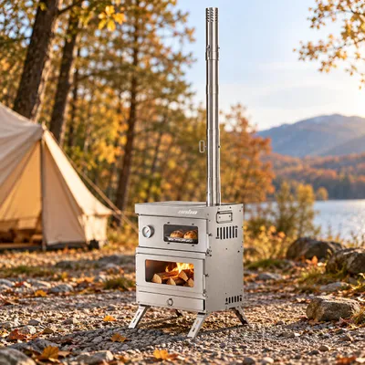 Produktbild von WISFOR Zeltofen mit Backofen, Camping-Holzofen aus Edelstahl mit Thermometer, 6 Rauchrohre