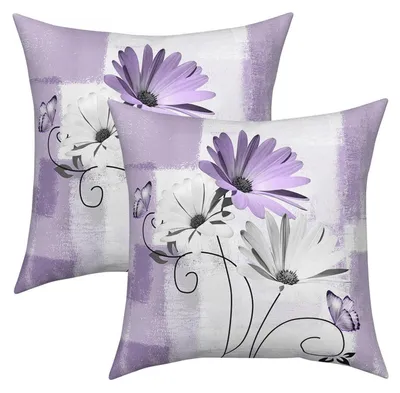 Obrázok produktu pre Poťahy na vankúše 50x50 cm, fialové, s motívom margarétok, 2 kusy, so skrytým zipsom