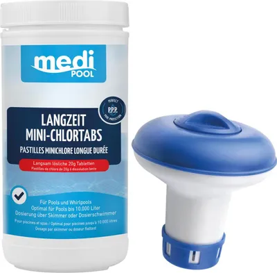Produktbild von mediPOOL Wasserpflegeset Langzeit MiniChlorTabs (je 20g) 1 kg und Dosierschwimmer