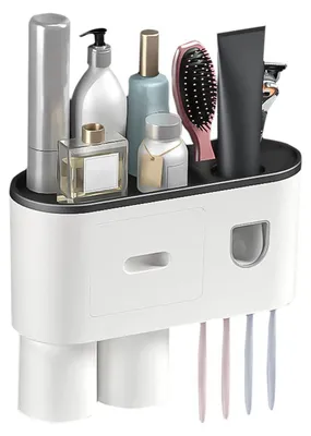 Immagine prodotto di Portaspazzolini da parete con doppio dispenser per dentifricio, per 4 spazzolini e 2 bicchieri, in ABS