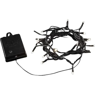 A black battery box and a tangled string of warm white LED lights on a white background.
