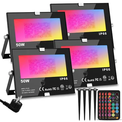 Zdjęcie produktu dla Reflektory LED, RGB, z pilotem, 50 W, wodoszczelne (IP66), zestaw 4 sztuk