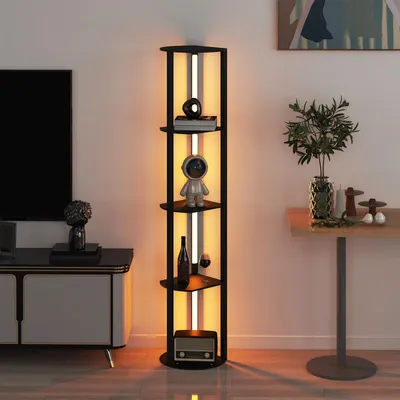 A modern living room with a floor lamp and shelves.