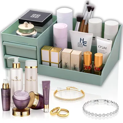 Obrázok produktu pre Organizér na make-up, organizér na kozmetiku s 2 zásuvkami a priehradkami rôznych veľkostí, na make-up a šperky, 26x16x12 cm Zelená Retoo