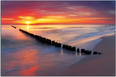 Produktbild von Wallario Outdoor-Poster für Garten oder Balkon, Motiv Farbenspiel im Himmel - Sonnenuntergang am Strand, in ca. 61 x 91,50 cm