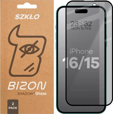Produktbild von 2x Gehärtetes Glas mit Privatschutzfilter für iPhone 15 / 16, Bizon Glass Edge Shadow Duo, getönt mit schwarzer Rahmen