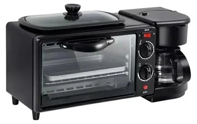Obrázok produktu pre 3-v-1 stroj na raňajky – kávovar, hriankovač, minirúra – 600 ml filtrovaná káva – rúra 500 W – varná doska 600 W – 220 V, zástrčka EÚ – čierna