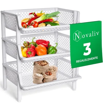 A white three-tier storage rack filled with fruits, vegetables, and nuts, with a green promotional overlay on the right.