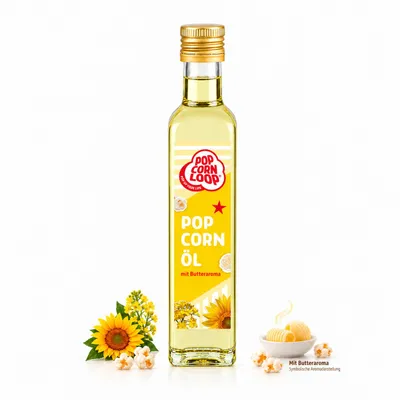 Produktbild von Popcornloop Popcorn Öl für Mais 250 ml Flaschen Hocherhitzbar Butter High Oleic Fett mit Butteraroma Buttergeschmack Oil Omega Hocherhitzbares