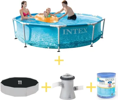 Produktbild von Intex Metal Frame Pool - Strandseite - 305 x 76 cm - Inklusive Solarsegel, Filterpumpe & Filter