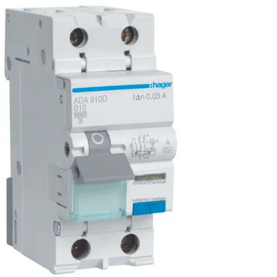 Produktbild von HAGER RCBO Fehlerstrom-/Leitungsschutzschalter 1P+N 6kA B10A 30mA Typ A ADA910D