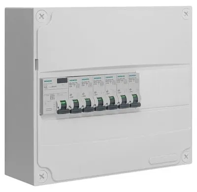 Productafbeelding van Siemens, voorgemonteerde elektrische verdeeldoos, 1 rij, 13 modules, met 6 installatieschakelaars en een aardlekschakelaar