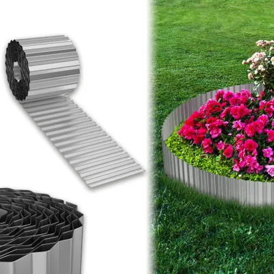 A collage showing a roll of metal garden edging and a flower bed bordered by the same edging.