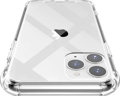 A clear, transparent iPhone 11 Pro case is shown from a diagonal top-down perspective against a white background. The Apple logo is visible through the case.
