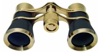 A pair of gold and black opera binoculars.
