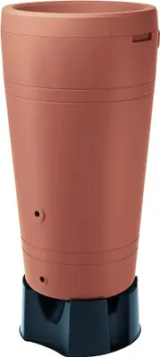 A terracotta rain barrel on a black stand against a white background.