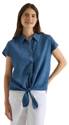 Productafbeelding van Cecil blouse met wijde schouders en een geribbelde boord, denimlook, medium blauw