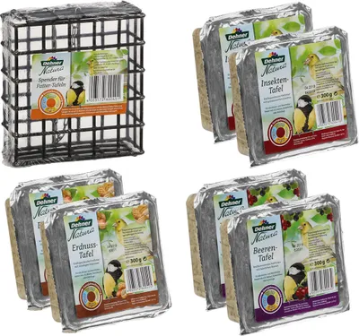 Produktbild von Dehner Natura Premium Wildvogelfutter, Futtertafeln Mix mit Beeren / Erdnuss / Insekten, inkl. Spender, Ganzjahresfutter proteinreich / energiereich, hochwertiges Vogelfutter für Wildvögel, 6 x 300 g