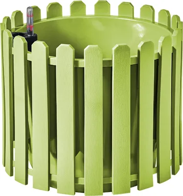 A green planter with a built-in water reservoir and a decorative picket fence surround.