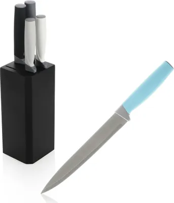 Produktbild von com-four® 5-teiliges Messerset mit Halterung - Messer aus Edelstahl für verschiedene Anwendungen - Scharfe Küchenmesser im Messerblock