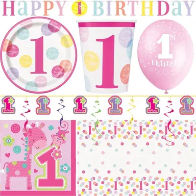 Produktbild von Partyset 1. Geburtstag Deko Mädchen rosa Punkte Partyartikel Deko
