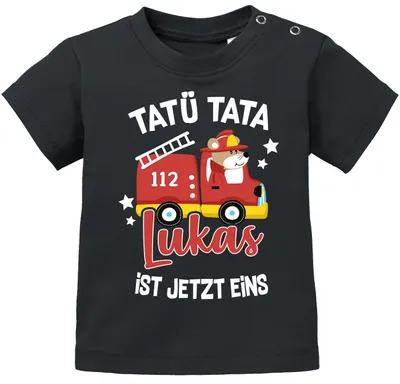 Produktbild von Baby T-Shirt mit Namen und Alter Geburtstagsshirt Feuerwehr-Auto Zahl anpassbar 1 2 3 Junge/Mädchen Moonworks® schwarz 56/62 (1-3 Monate)