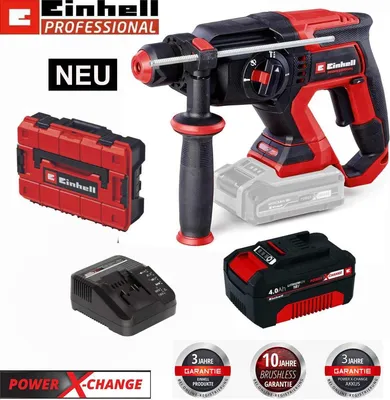 A collage of a red and black cordless hammer drill with accessories, including a carrying case, battery, and charger. It also features warranty badges and the brand logo.