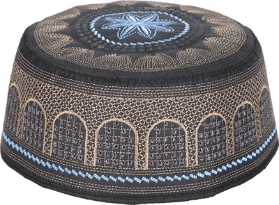 A black embroidered cap with tan and light blue accents.