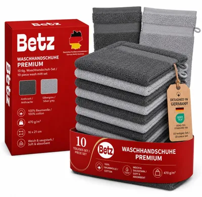 Produktbild von Betz Waschhandschuhe Premium 10 Stück 16x21 cm – 100% Baumwolle 470g/m² – Weiche Frottee Waschlappen – Pflegeleicht & saugstark – Farbe Anthrazit & Si