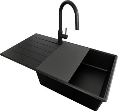 Produktbild von PRIMAGRAN Granitspüle Alles Schwarz 90x50cm, Spülbecken 1 Becken + Ablauf-Set + Küchenzubehörset, Küchenspüle ab 60er Unterschrank - Kopenhagen