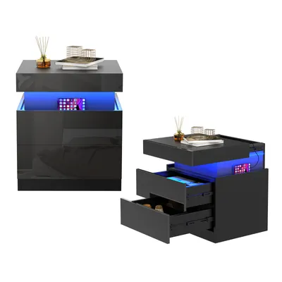 Produktbild von 2x LED Nachttisch mit Steckdose & USB,Schwarz Front Hochglanz Nachtkommode,Intelligent Nightstand,Beistelltisch Kommode Sofatisch 45x40x52cm