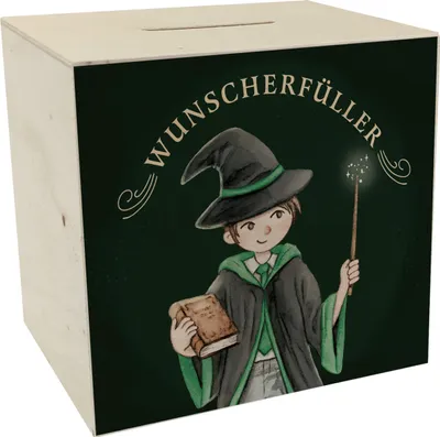 Produktbild von Wunscherfüller Spardose aus Holz mit Zauberschüler in grün