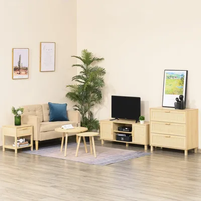 Obrázek produktu pro Úložná komoda - Komoda s zásuvkami - Komoda - Toaletní stolek - Komoda v béžové barvě - 3 velké zásuvky - Materiál: MDF, přední část s ratanovou strukturou