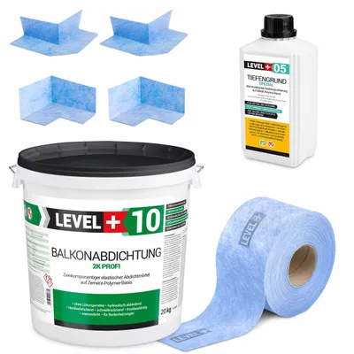 Zdjęcie produktu dla Zestaw do Hydroizolacji Zaprawa Uszczelniająca 2K 20kg Grunt 1l Taśma B04 10m Narożniki Level+ SET30