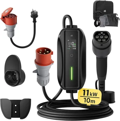 Obrázek produktu pro Přenosná nabíjecí stanice pro elektromobily o výkonu 11 kW s třífázovým kabelem typu 2 a nastavitelným nabíjecím výkonem