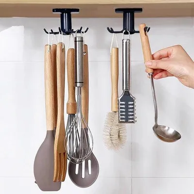 Produktbild von Ibenzoa® Selbstklebende Küchenhakenleiste 360° drehbar – Multifunktionale ABS-Haken, 2er-Set für Küche, Schlüssel & Utensilien